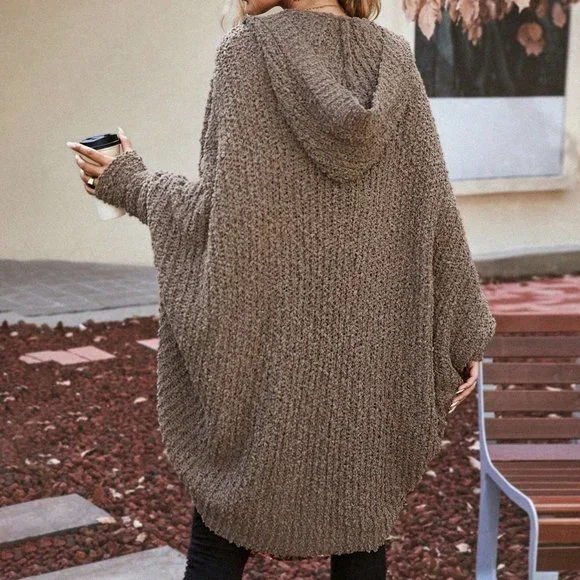 Brown Casual Womens Batwing Sleeve Hooded Duster Cardigan - Picture 5 of 7